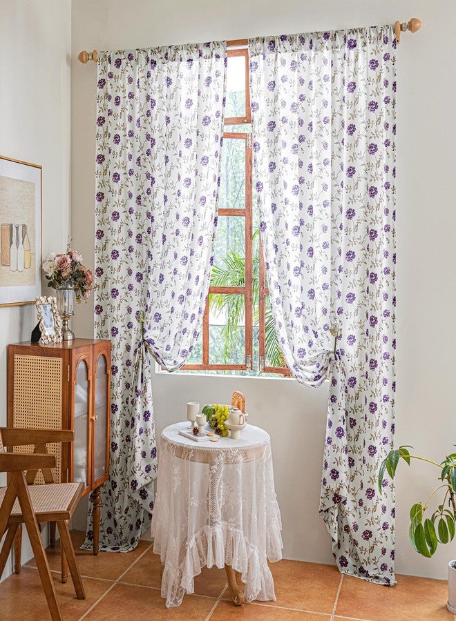 Beauoop Floral Sheer Curtains 54 Inches Long 2 Panels for Bedroom Living Room Purple Brown Flower Patterned Vintage Rose Light Filtering Silk-Like Rod Pocket Semi Voile Window Drapes, 52X54 2 Set - Image 4